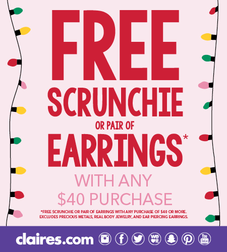 Free Scrunchie or Pair of Earrings at Claire’s!